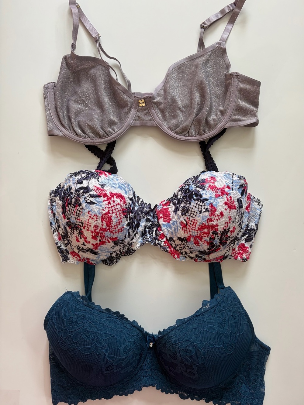 3 pack bundle value Lace & Floral Bras Taupe, Floral Multicolor, Teal size 38C/D